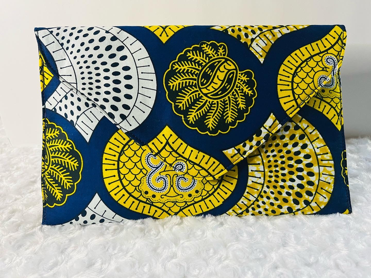 Yellow and blue Ankara clutch